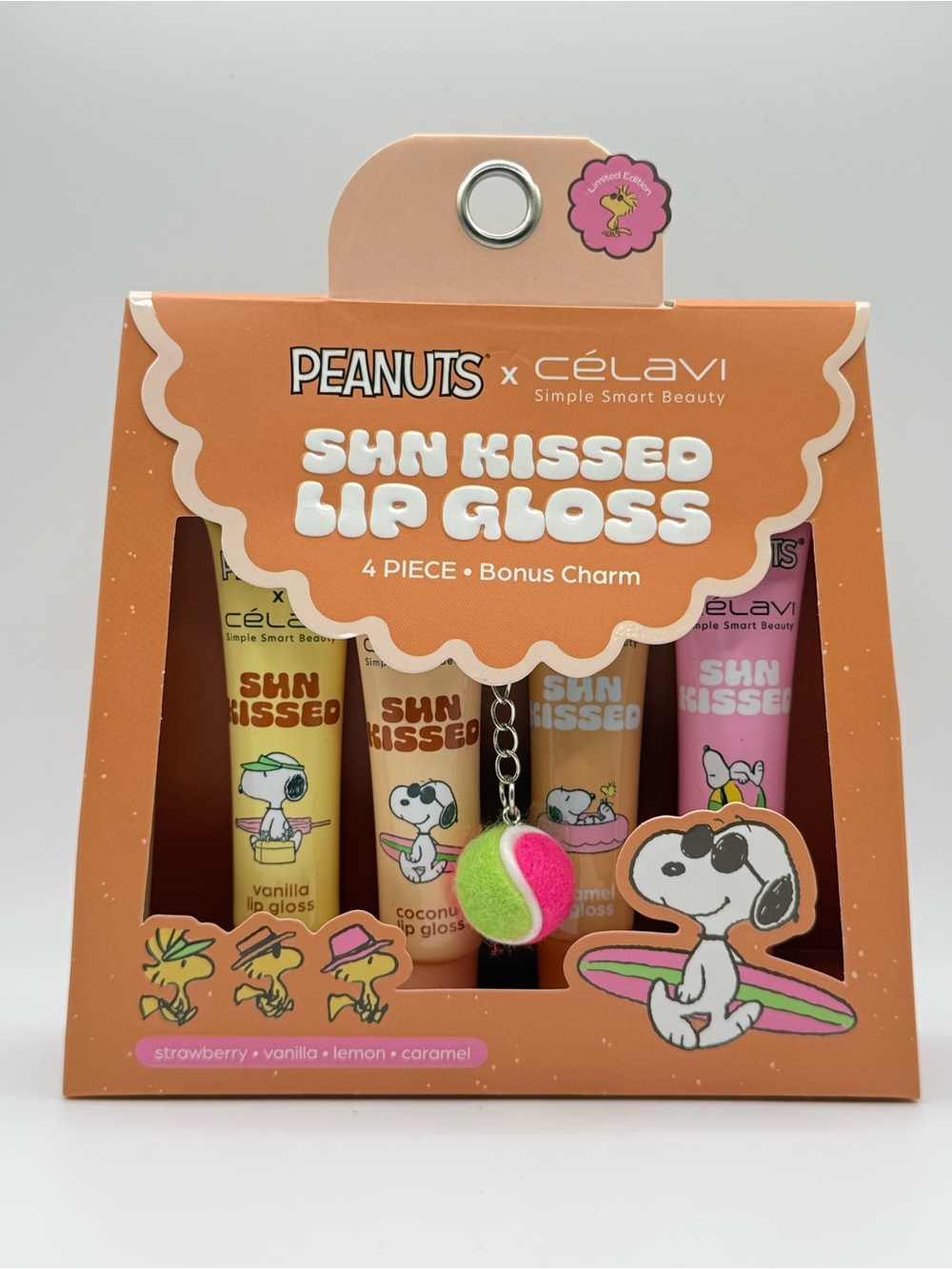 Peanuts x Celavi Snoopy Sun Kissed Lip Gloss Set 4 Pc Bonus Charm NWT